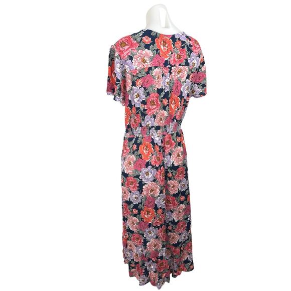 Knox Rose Multicolor Floral V-neck Button Short Sleeve Tie Waist Midi Dress XXL - Picture 2 of 4